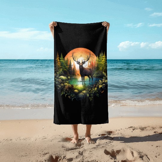 Reindeer between trees river and nature Beach Towels