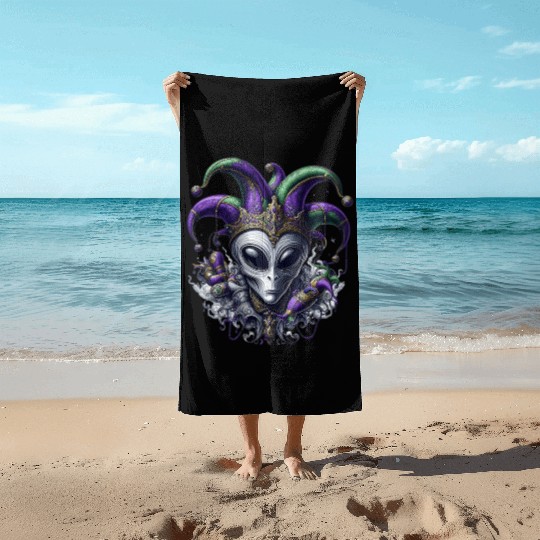 Mardi Gras alien with a fool's hat Beach Towels