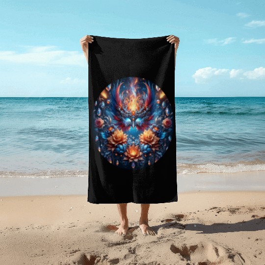 Phoenix Rebirth in Cosmic Bloom Beach Towels