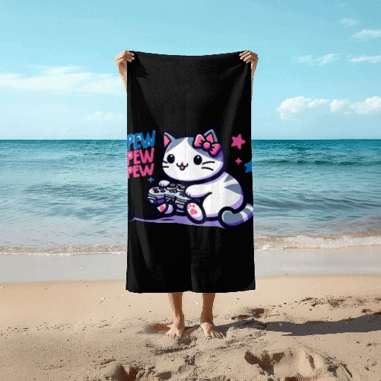 Cat Play Console Game Pew Pew Pew Beach Towels