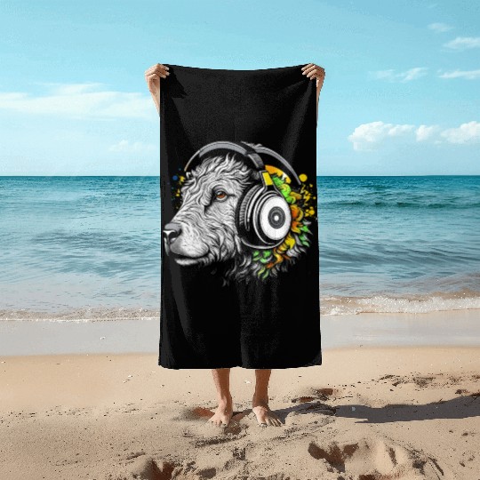 Goat wearing headphones Beach Towels