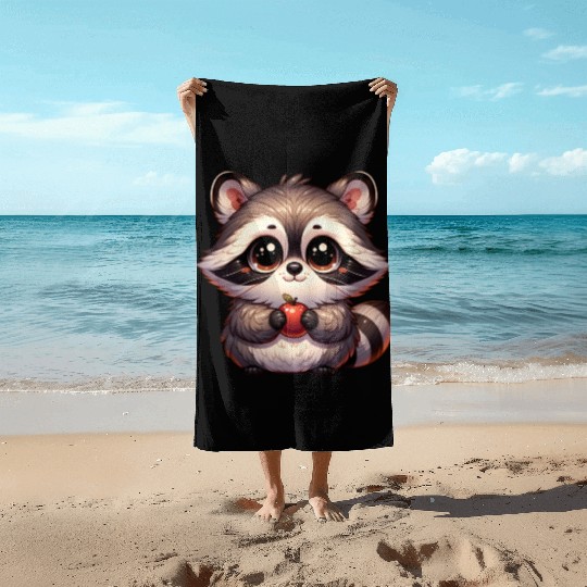 Raccoon with Apple Illustration Beach Towels