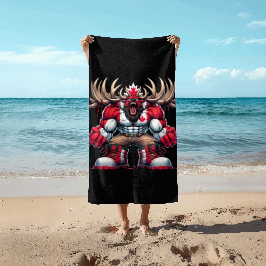 Canada elk with national flag Beach Towels