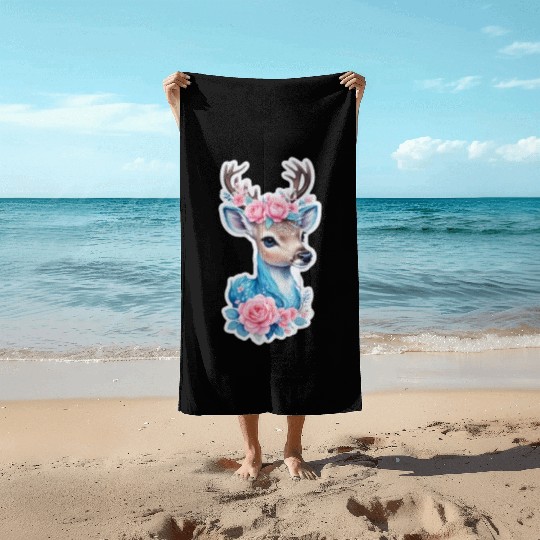 cute deer blue blossom pink rose Beach Towels