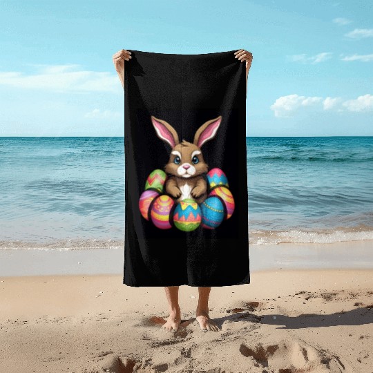 Easter Bunny Rabbit Colorful Eggs Easter Egg Hunt Beach Towels