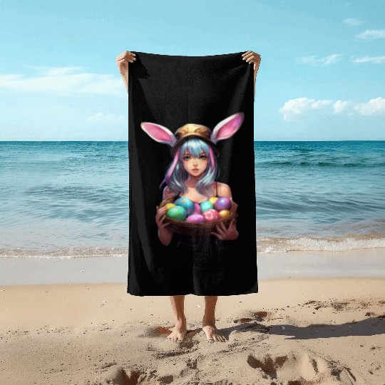 Easter Day Anime Girl Bunny Ear Easter Egg Hunt Beach Towels