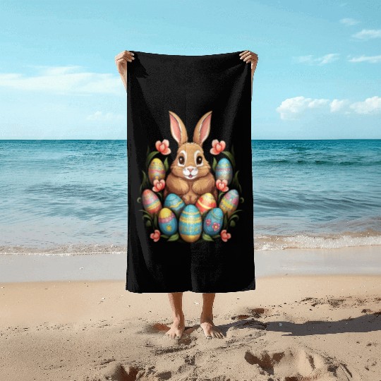 Easter Bunny Rabbit Colorful Eggs Easter Egg Hunt Beach Towels