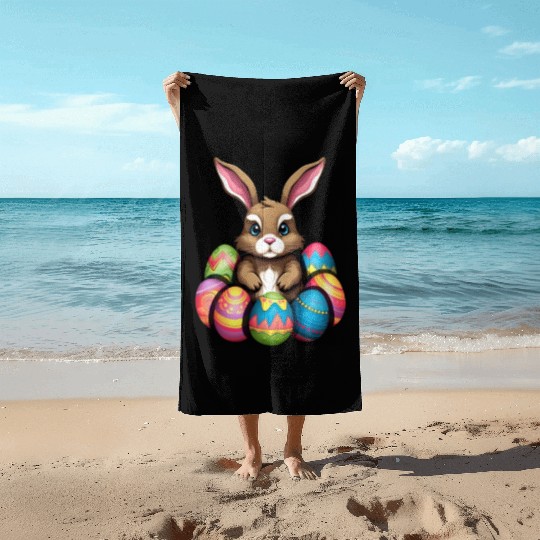 Easter Bunny Rabbit Colorful Eggs Easter Egg Hunt Beach Towels