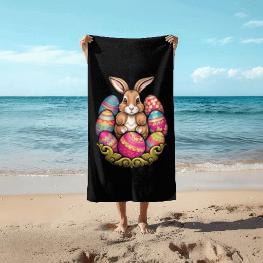 Easter Bunny Rabbit Colorful Eggs Easter Egg Hunt Beach Towels