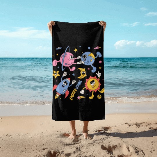 Solar System Planets Moon Sun Saturn Cute Groovy Beach Towels