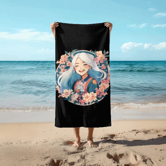 Happy Smile Pretty Japanese Anime Girl with Flower Beach Towels