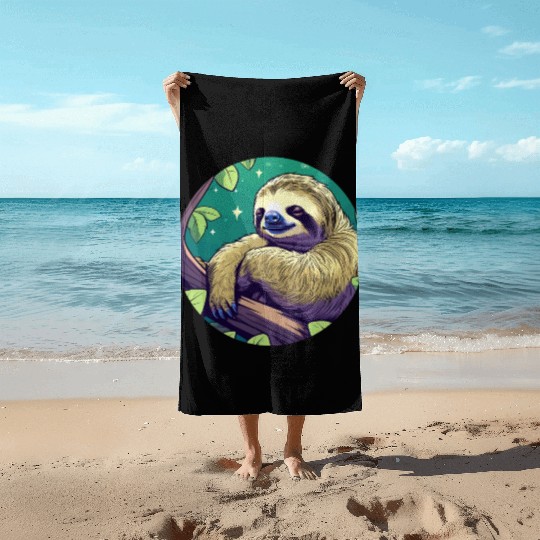 Sleeping Sloth Illustration Beach Towels