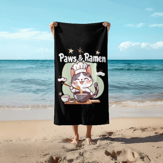 Paws and Ramen Funny Cats Animal Sayings Beach Towels