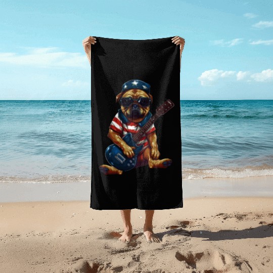 Rocking Pug Guitarist with US Flag – Animal Music Beach Towels