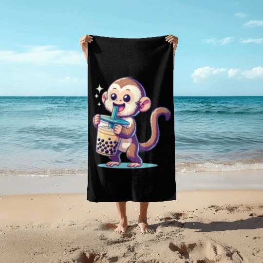 Kawaii Bubble Tea Boba Cappuccino Monkey Beach Towels