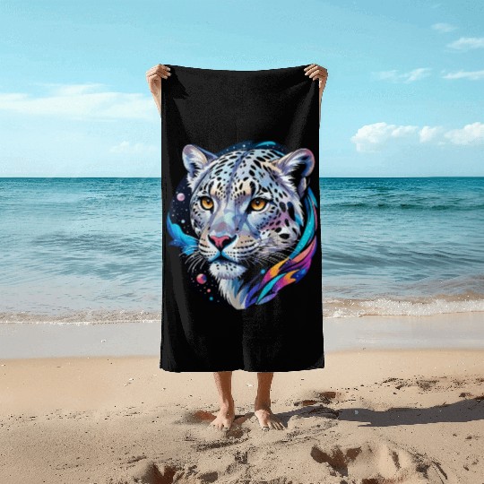 Cosmic Snow Leopard - Ethereal Animal Portrait Beach Towels