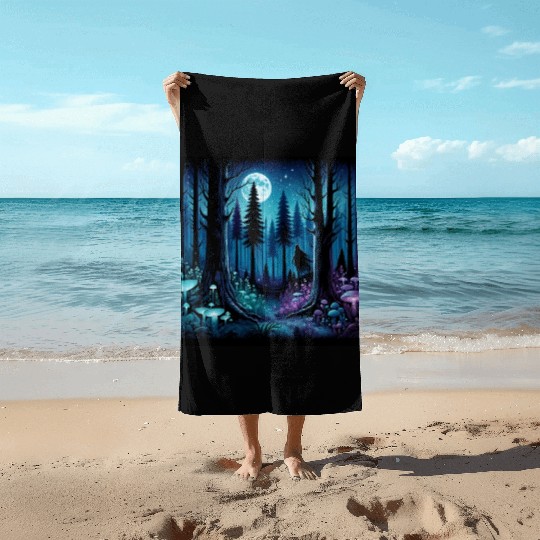 Mystic Moonlit Enchanted Forest Beach Towels