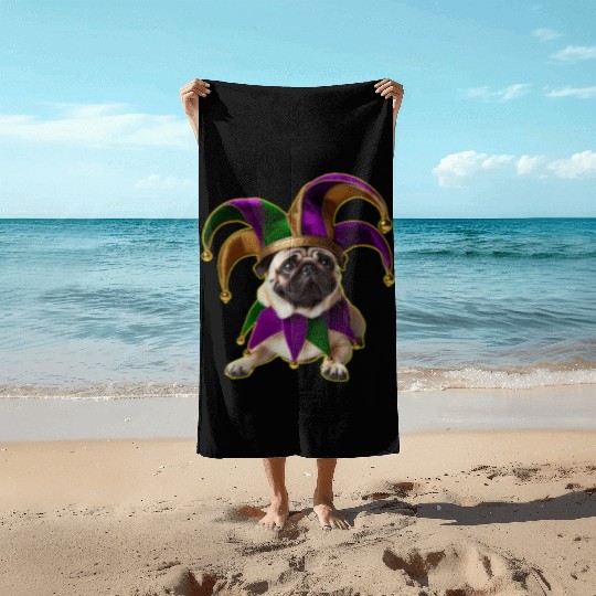 Mardi Gras Pug with Jester Hat Beach Towels