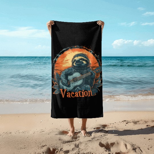 Tropical Sloth Guitar Vacation Sunset Beach Beach Towels