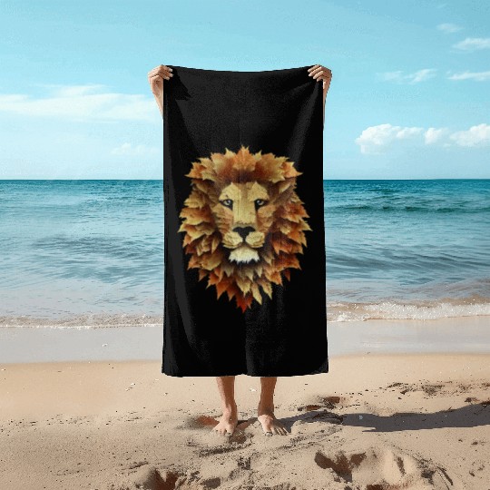 Autumn Majesty: Lion Surrounded by Falling Leaves Beach Towels