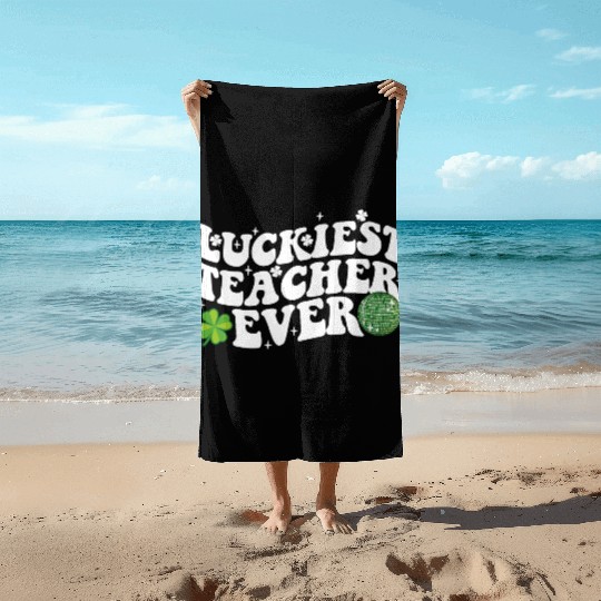 Luckiest Teacher Ever Disco Ball Shamrock Groovy Beach Towels