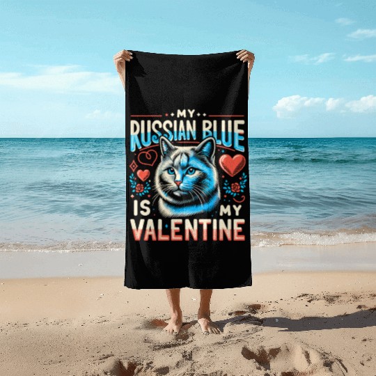 Russian Blue Cat Love Cute Valentine's for Cat lov Beach Towels