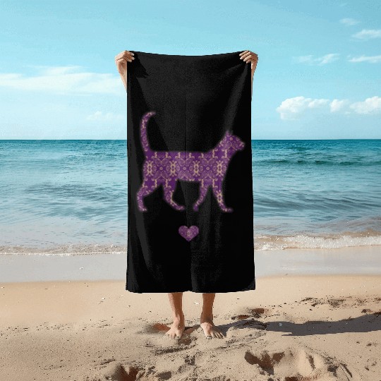 Purple Cat Damask Style Love Heart Cute Silhouette Beach Towels