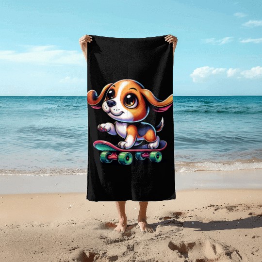 Beagle skateboarder comic cartoon dog Beach Towels