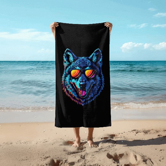 Cool Wolf Face Blue Wolf Wearing Sunglasses Beach Towels