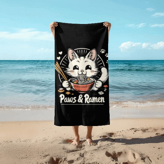 Funny Cat Paws and Ramen Kawai Beach Towels