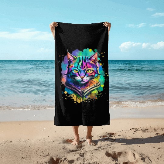 powerful colorful cat Beach Towels