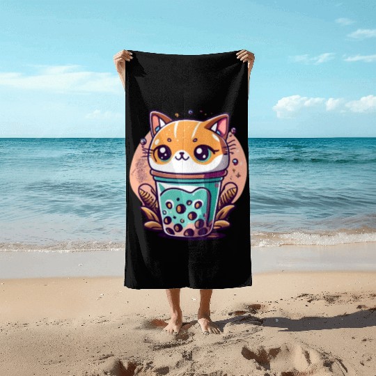 Anime Cat Bubble Tea Beach Towels