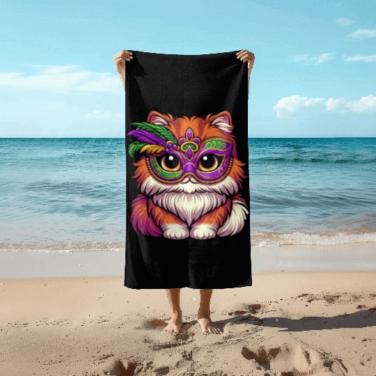 Mardi Gras Persian Cat, Dressed-up Cat Beach Towels