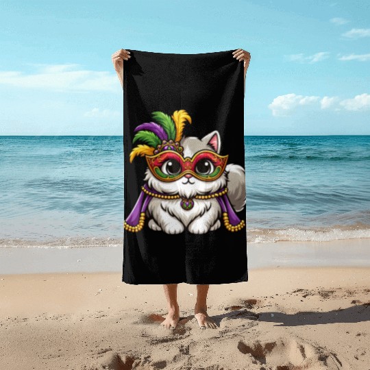 Mardi Gras Persian Cat, Masked Cat Costume Beach Towels