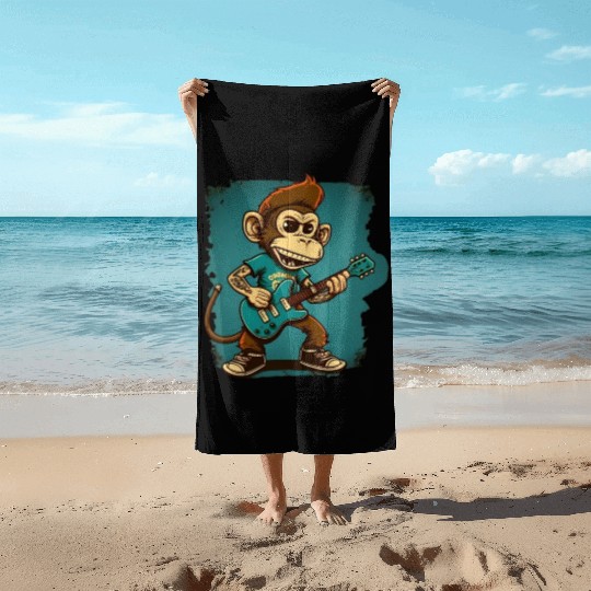 Monkey Chimpanzee Playing Acousitc Rock Guitar Beach Towels
