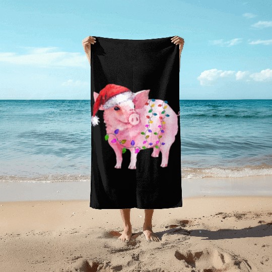 Pig Christmas Light Beach Towels