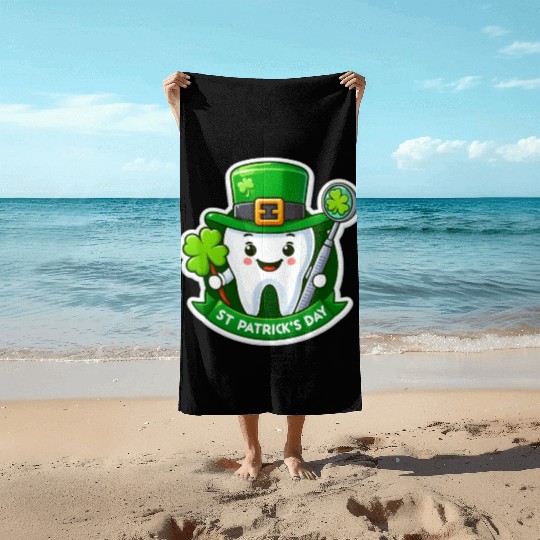St patricks day cartoon dentist design, cute tooth Beach Towels