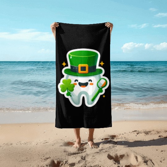 St patricks day cartoon dentist design, cute tooth Beach Towels