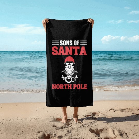 Sons Of Santa North Pole Motorcycle Rider Beach Towels