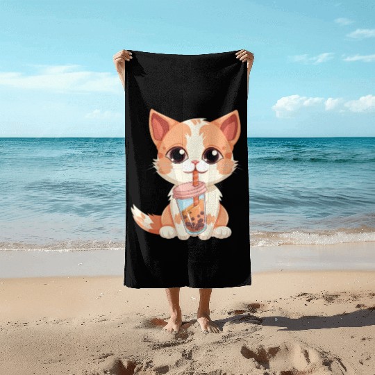 Cat Boba Tea Bubble Tea Anime Kawaii Neko Beach Towels