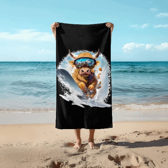 Winter sports, Highland Cow Snowboarding Beach Towels