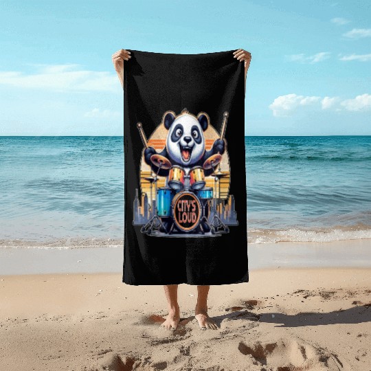 Citys Loud, Urban Beat Panda Drummer Beach Towels