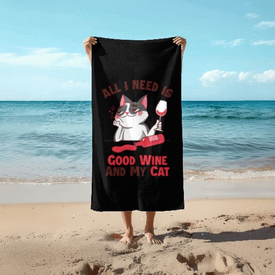 Good Wine and my Cat Cat Mom Cat Lovers Cat Daddy Beach Towels