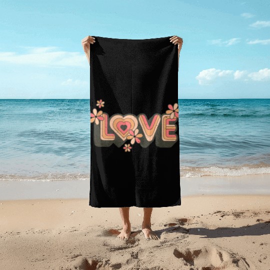 1960s Retro Hippie Floral Love Design Beach Towels