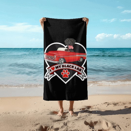 Cute black lab in classic truck inside a heart Beach Towels