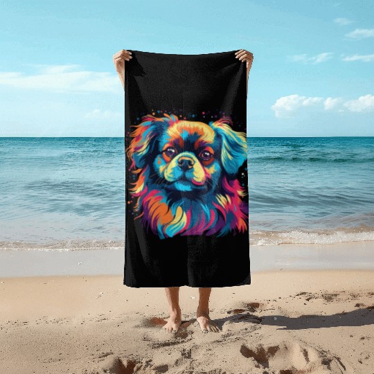 Watercolor Colorful Tibetan Spaniel Beach Towels