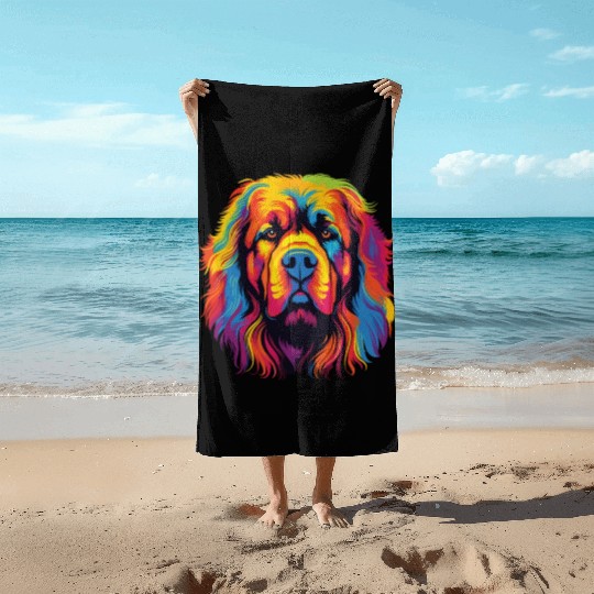 Watercolor Colorful Tibetan Mastiff Beach Towels