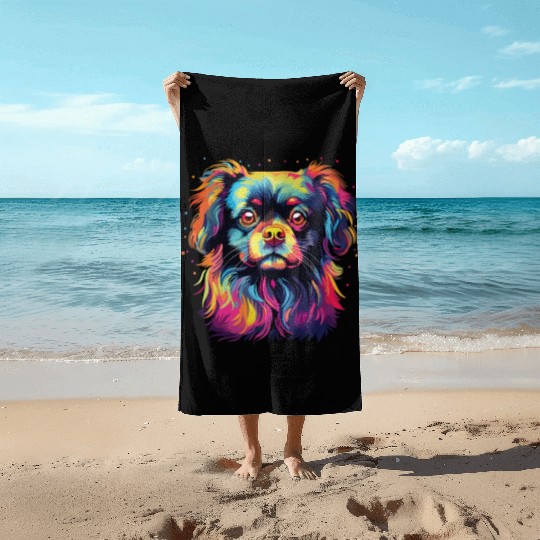 Watercolor Colorful Tibetan Spaniel Beach Towels