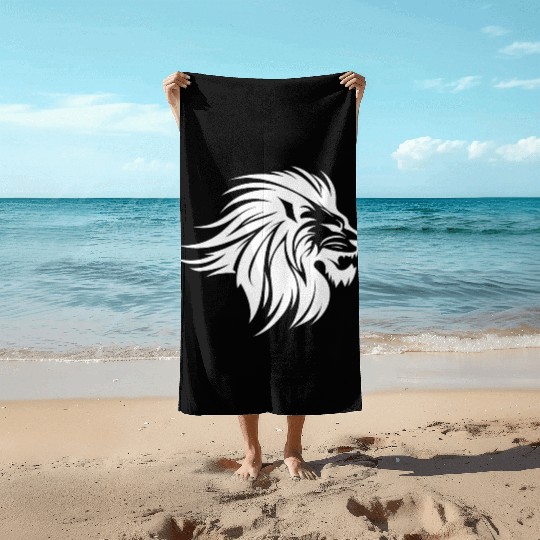 Waving Mane Lion Head Tattoo Ink Style Beach Towels