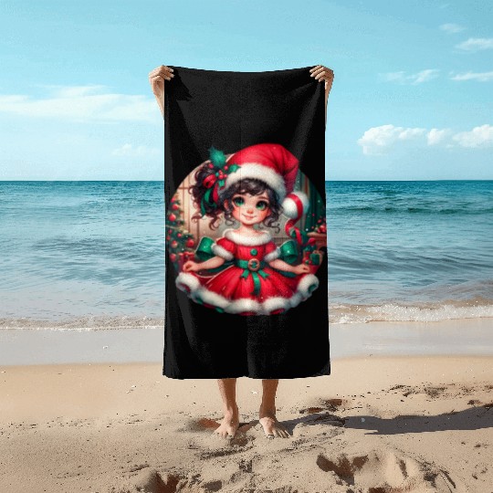 Santa Claus Girl Illustration Funny Christmas Beach Towels